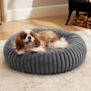 Bedsure ComfyFleece Donut Medium Dog Bed - Washable Faux Fur with Corduroy Fleece & Anti Slip Bottom, Round Pet Bed with Removable Cover, Warm Grey, 30x30x8 inches