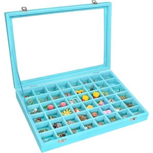 Velvet Jewelry Tray 48 Compartments Jewelry Display Organizer with Transparent Cover Rings, Earrings, Necklaces, Pendants Storage Box for Girls, Wives, Mothers, Women (Light Blue)