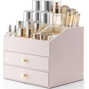VLANDO Makeup Organizer,Skincare Organizer for VanityPU Leather Make up Organizer with Drawers Cosmetic Display Case for Countertop,Perfume,Gifts Ideas for Women (Apricot White)