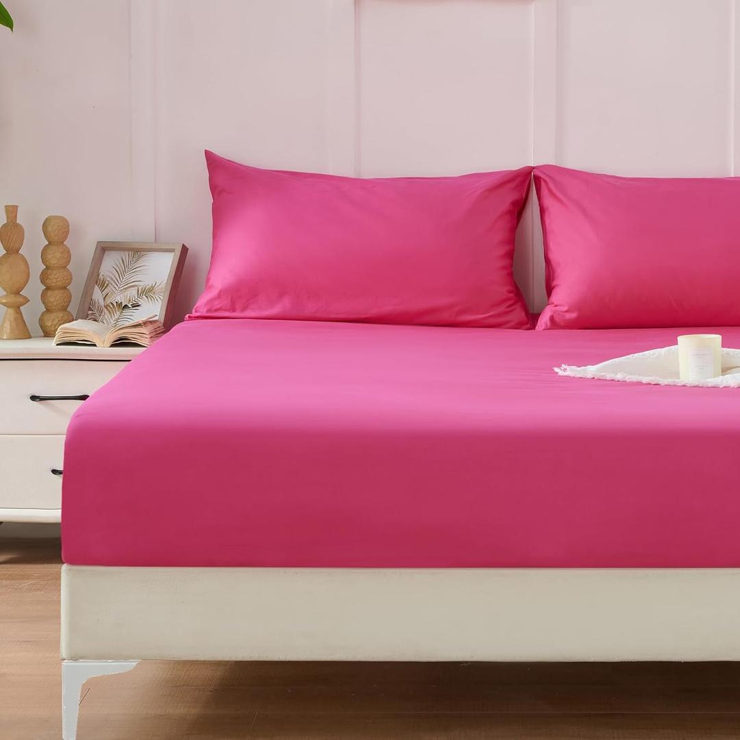 Homiest Hot Pink Cotton Fitted Sheet & Pillowcase Set, Full 400TC