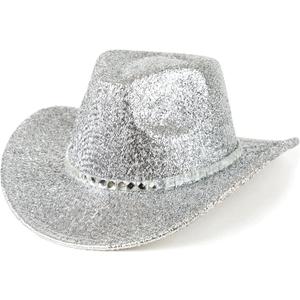 Men & Women Cowboy Hat Western Style Glitter Cosplay Party Costume Hats (Medium, Silver)