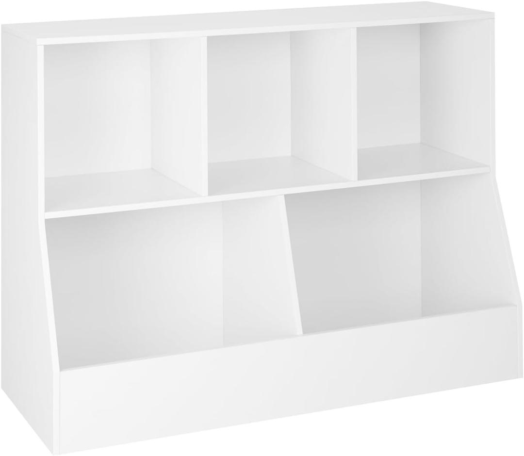 DINZI LVJ Toy Storage Organizer, Kids Bookshelf, Wood Toy Storage Cabinet, 5 Cubby 2-Tier Children Bookcase, 39.4" L Toddler Book Shelf for Playroom, Living Room, Nursery, Hallway, School, White