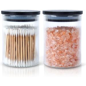BKYFPQ 2 Pack Ribbed Glass Qtip Holder Dispenser Set - Apothecary Jars with Lids - Bathroom Canister Storage Organizer and Vanity Makeup Organizer for Cotton Ball, Cotton Swab, Cotton Round Pads,Floss