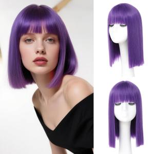 Purple Bob Wig With Bangs - Heat Resistant 14Inch Synthetic Hair, Short Straight Shoulder Length Natural-Looking Cosplay Wig for Daily Use, Parties & Women Girls