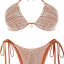 ZAFUL Women's Bikini Set Fishnet Triangle Tie Convertible Collar Halter Bandeau Shell Two Piece Bathing Suit (Medium, Brown)