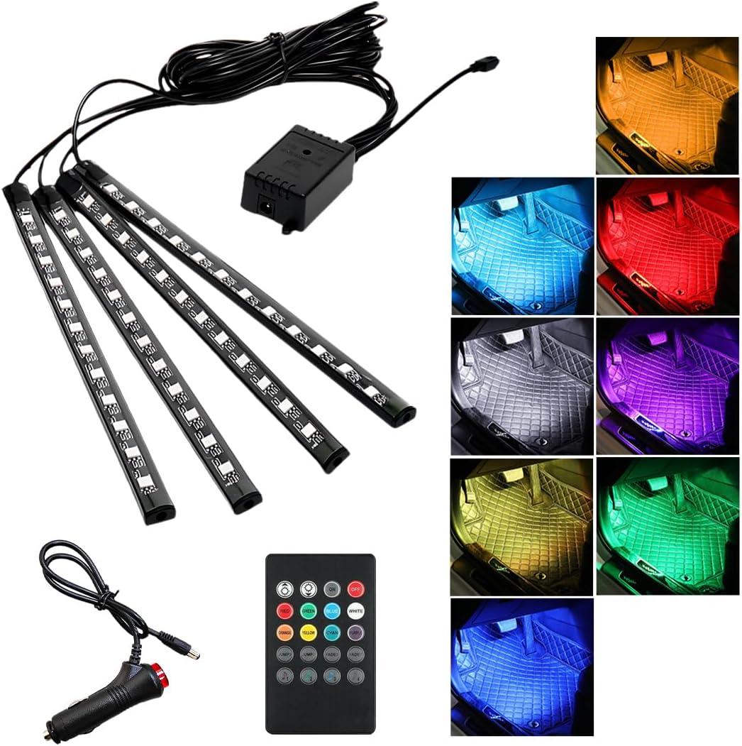 KVAEY Car LED Interior Lights, Vehicle RGB 48 LED Multicolor Strip Light with Remote Control, Universal Under Dash Lighting Kit with Sound Active Function, Car Accessories (Cigarette Lighter+Remote)