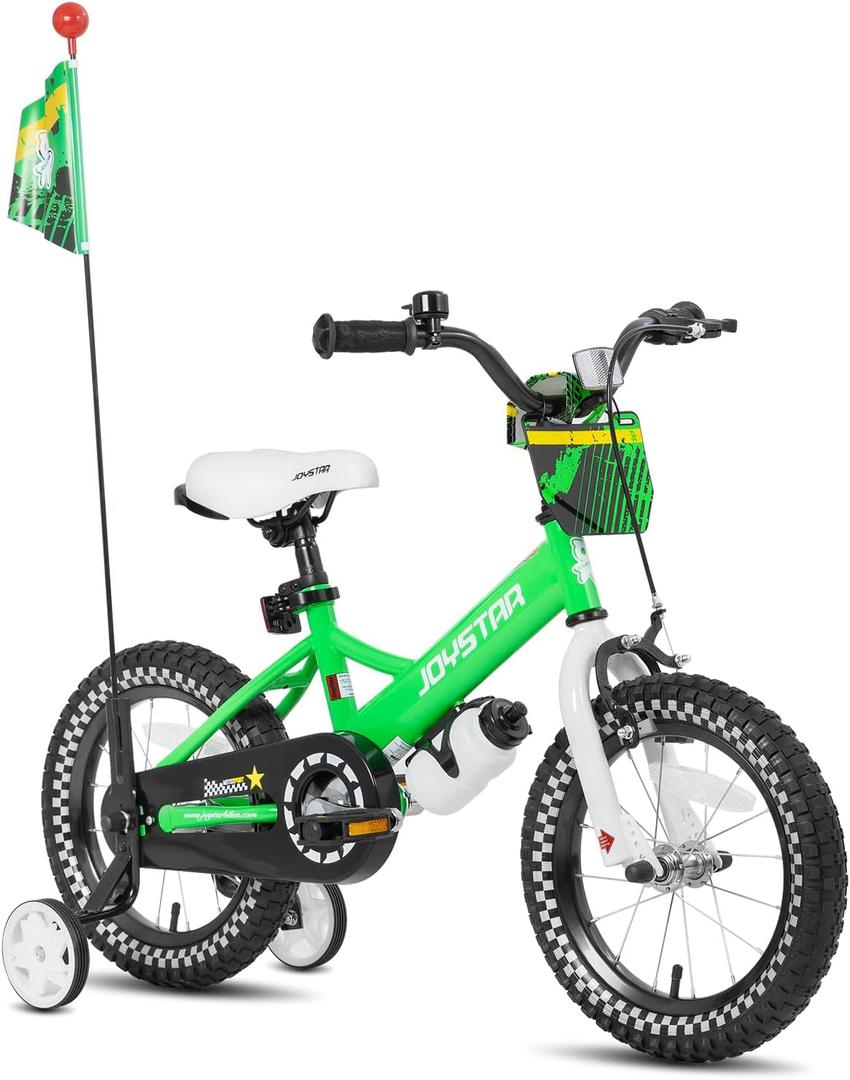 JOYSTAR Little Daisy Kids Bike for Girls Boys Ages 2-7 Years, 14 Inch Girls Bikes with Doll Bike Seat & Streamers, Boys Bike with Flag & Number Plate, Multiple Colors, With Training Wheels, Green