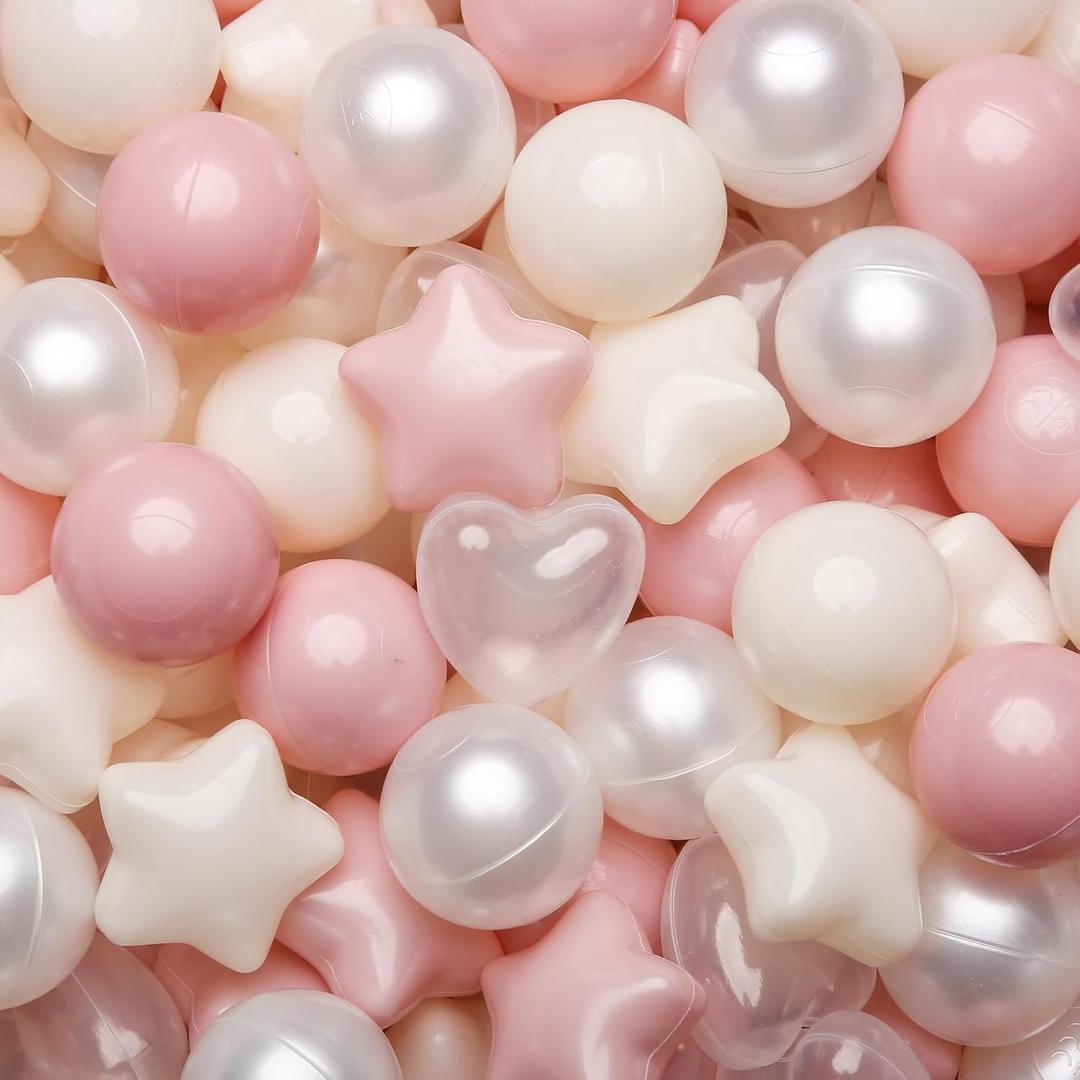 TRENDPLAY Ball Pit Balls Star and Heart Shapes for Toddlers - 50 100 200 500 Count Plastic Balls for Ball Pit Fun and Play (Pink Beige Pearl White)