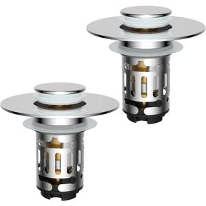 Hibbent 2 Pack 3 in 1 Bathroom Sink Drain Strainer, Universal Pop Up Stopper with Removable Stainless Steel Filter Basket Hair Catcher, Sink Plug for 1.1''~2.36'' Basin, Brass Bullet Core, Chrome