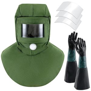 5 Pcs Shawl Cap Sandblasting Mask Set 1 Sand Blasting Hood Cap with 23.6" Blast Gloves and 3 Sandblasting Hood Replacement Lens Glass for Polishing Painting Dusting Grinding Abrasive Cabinet (Green)