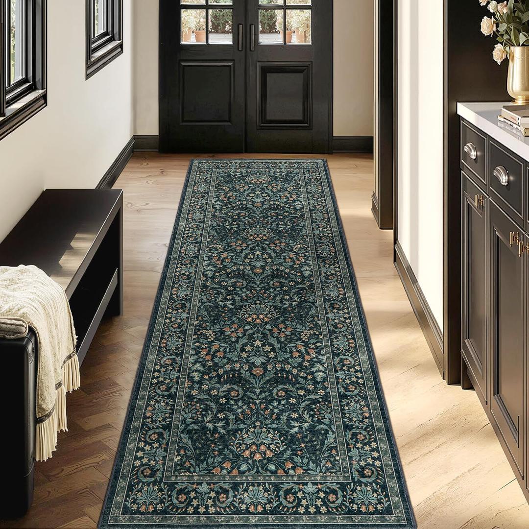 Woaboy Washable 2x6 Runner Area Rug, Hallway Kitchen Bedroom Beside Laundry Room Bathroom RugNon-Slip Low Pile Stain Resistant Soft Carpet for Vintage Boho Floral Home Decor Dark Green/Navy/Black