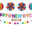 New Years Decorations 2026, Rainbow Glitter Happy New Year Banner Backdrop New Years Eve Party Supplies 2026 with Honeycomb Balls Paper Fans Paper Happy New Year Sign Party Supplies Favors