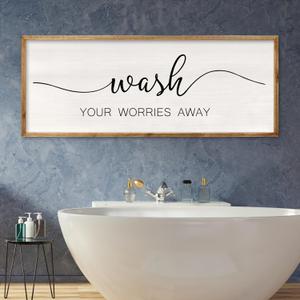 Wash Your Worries Away Funny Bathroom Wall Decor 32x12 Inch Wood Framed Sign Toilet Restroom Modren Laundry Room Wall Art Hanging (Wood)