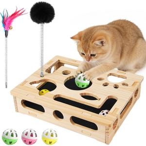 Interactive Wooden Cat Puzzle Toy for Indoor Cats Felt Maze Box with 3 Balls & 2 Cats Teasers, Cats Nail File Enrichment Box Hunting Exercise Toy for Kittens, Stimulating Cat Energy and Instincts