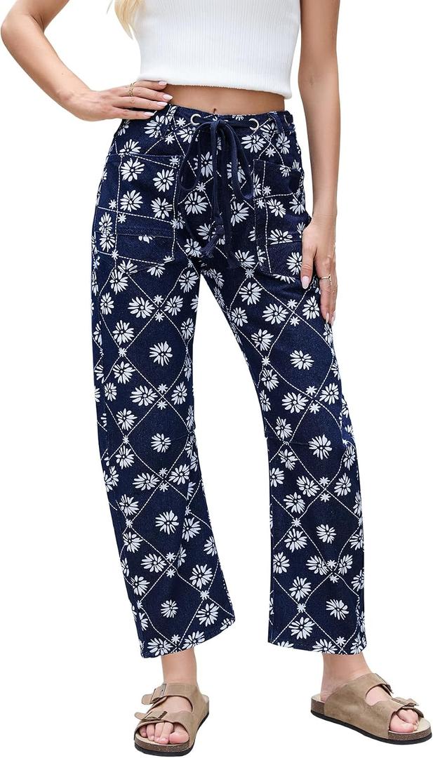 Kedera Women Printed Barrel Jeans High Waist Drawstring Denim Pants Wide Leg Printed Horseshoe Jeans with Pockets (Blue)