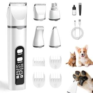 Aenncci 4 in 1 Dog Clippers Grooming Kit with LED Screen, Cordless Quiet Paw Trimmer & Nail Grinder, Rechargeable Waterproof Feet Ear Body Hair Shaver for Cats Dogs Pet Supplies, Pure White