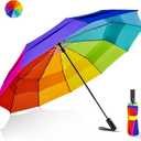 Lejorain Large Golf Umbrella Windproof - Rainbow Oversized 54inch Double Layer 10Ribs Folding Travel Umbrella Compact Auto Open Close for Rain Women/Men