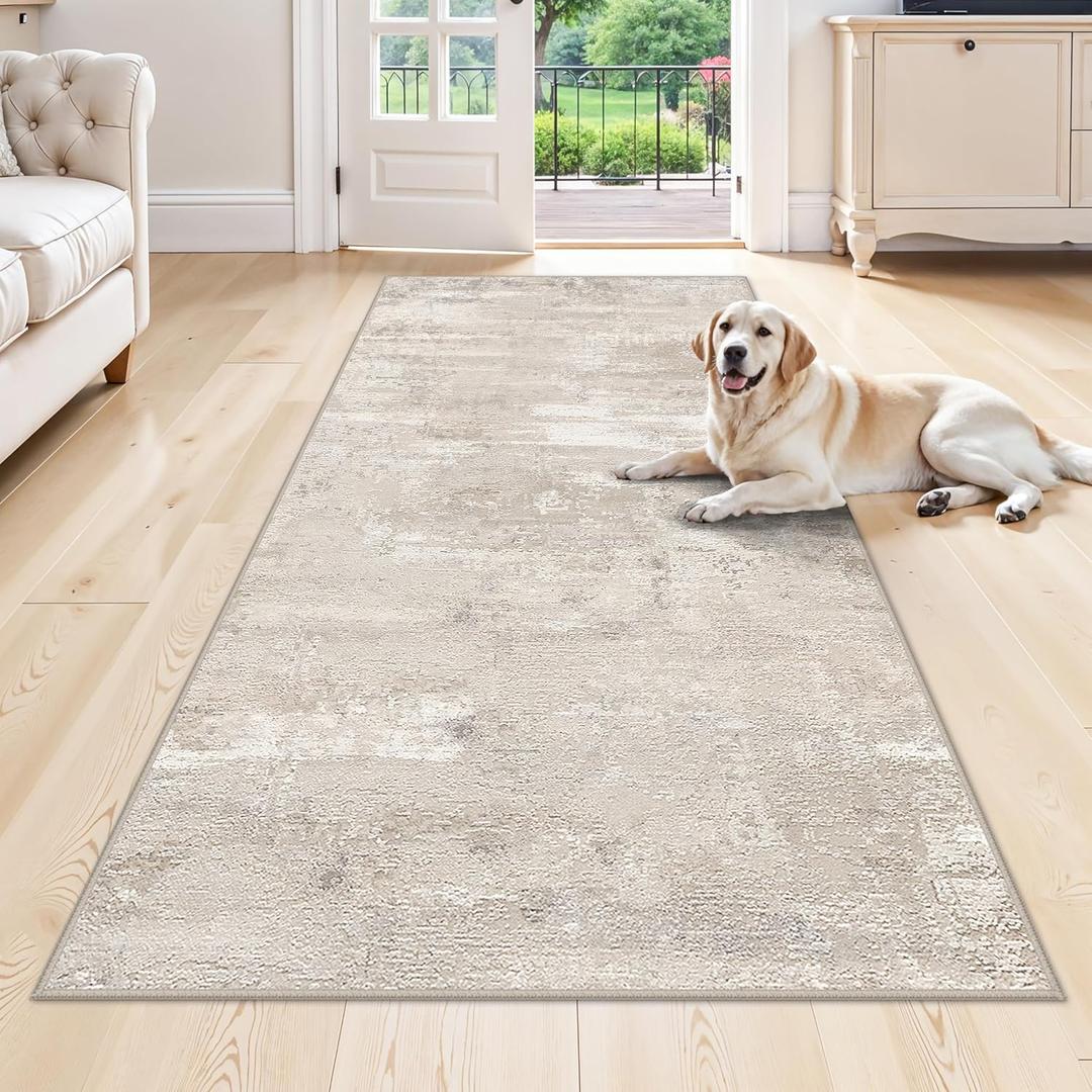 Abstract Kitchen Runner Rug 4x8 - Washable Wide Rugs for Hallway Bedroom Laundry Low Pile Stain Resistant Entryway Dining Room Carpet with Non Slip Backing Modern Decoration Mat 4x8 Beige