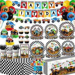 Monster Truck Birthday Decorations, Monster Truck Party Supplies include Truck Balloons, Tablecloth, Cake Cupcake Toppers, Plates and Napkins Truck Birthday Decorations for Boys, Serve 24