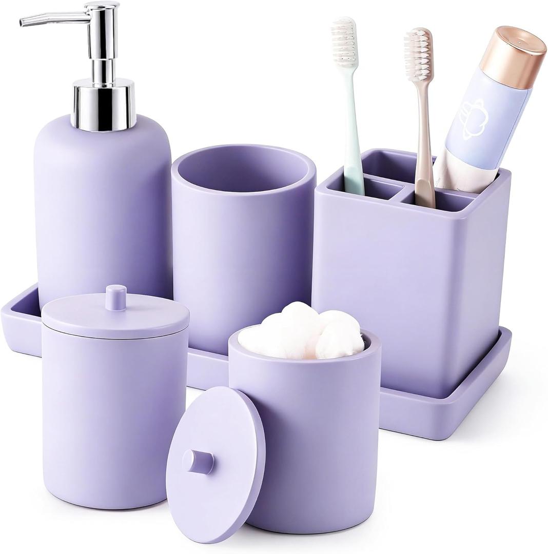 Resin Purple Bathroom Accessories Set 6Pcs - Lotion Soap Dispenser, Toothbrush Holder, Bathroom Tumbler, Qtip Holder & Vanity Tray, Modern Bathroom Countertop Organizer for Home