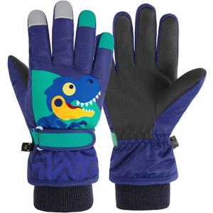 American Trends Kids Winter Gloves Waterproof Girls Boys Ski Gloves Warm Snow Gloves Toddler Finger Gloves Mittens, Navy Dinosaur, XS