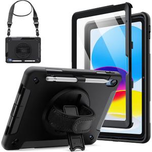 JETech Case for iPad (A16) 11th/10th Generation (2025/2022) with Built-in Screen Protector, Protective Shockproof Rugged Tablet Cover, 360 Degree Rotating Hand Strap Stand (Black)