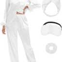 MORFORU Satin Pajama Set for Women Feather Trim Long Sleeve Pjs with Sleep Mask Headband Scrunchie Sleepwear Lounge Set (Large, White)