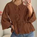 PRETTYGARDEN Women's Spring Fall Babydoll Peplum Blouse Shirt Puff Long Sleeve Bow Tie Front Trendy Cute Y2K Going Out Tops (Brown, M)