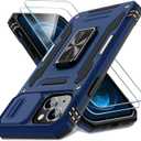 DEERLAMN Case for iPhone 15 with Slide Camera Cover + Screen Protector (2 Packs), Rotated Ring Kickstand Military Grade Shockproof Protective Cover-Navy Blue