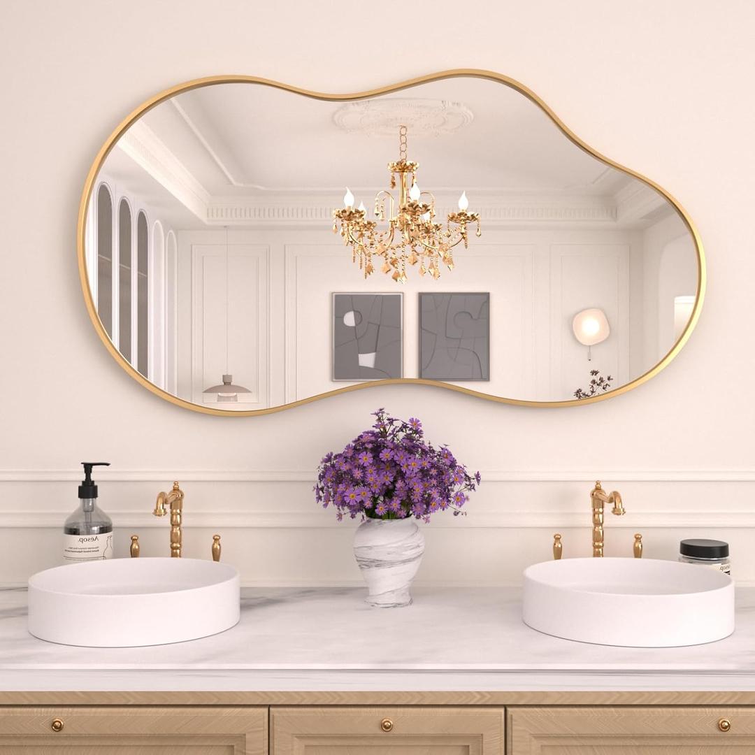 WEER Irregular Wall Mirror, 26x46 inch Gold Asymmetrical Wall Mounted Mirrors Decorative, Abstract Wavy Aluminum Alloy Frame for Bathroom, Bedroom, Living Room, Entryway