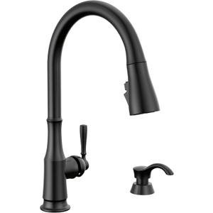 Delta Capertee Matte Black Kitchen Faucet with Pull Down Sprayer and Soap Dispenser, Modern Single Hole Kitchen Sink Faucet, Single Handle, Matte Black 19877Z-BLSD-DST