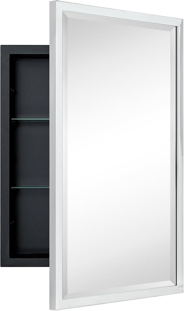 TEHOME Chrome Recessed Bathroom Medicine Cabinet with Mirror Squared Cornered Rectangle Metal Framed Medicine Cabinet with Beveled Mirror 16x24''