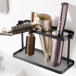 Adjustable Height Hair Tool Organizer Holder - Adhesive Wall Mounted for Blow Dryer, Curling Iron, Straightener - Multi-Position Bathroom Storage (Black)