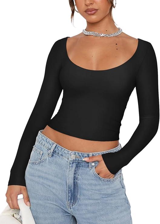 REORIA Women's Scoop Neck Long Sleeve Crop Tops Double Lined Going Out Y2K Trendy Fitted Navel Tees Black Medium