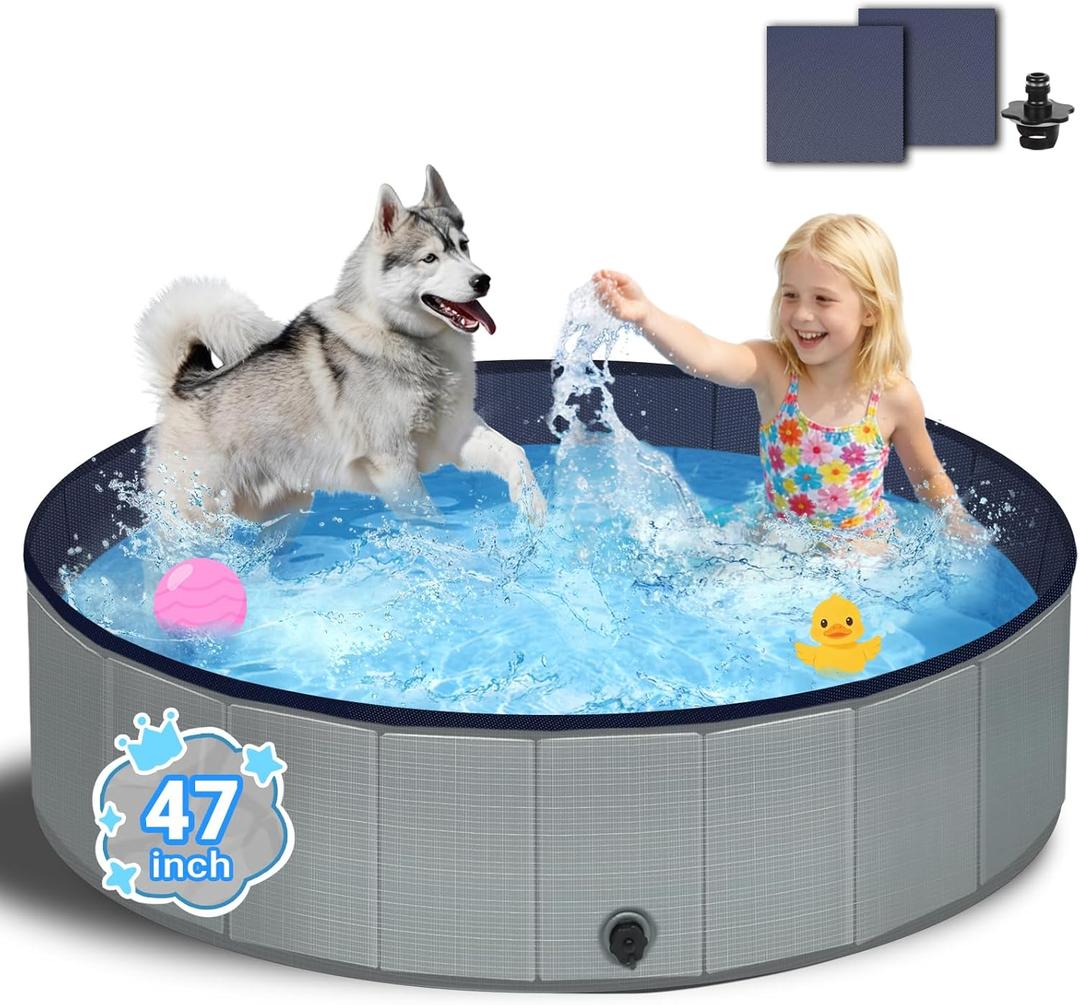 Foldable Dog Pool - 47" Kiddie Pool with Hard Plastic - Non-Slip Thickened Bottom Portable Pet Swimming Pool for Small Medium Large Dogs, Puppies & Kids(Gray)