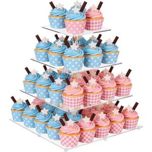 4 Tier Cupcake Stand for 50 Cupcakes, Clear Acrylic Cupcake Tower, Cupcake Holder for Parties, Weddings, Birthdays, Clear Dessert Display Ease of Assembly High Stability (Square)