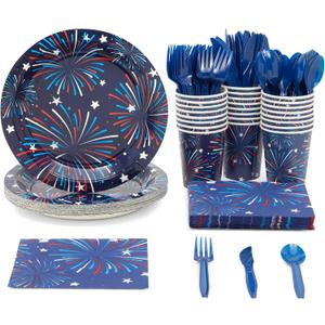 144 Piece 4th of July Party Supplies Fireworks, Napkins, Cups, and Cutlery for BBQ Celebration (Serves 24)