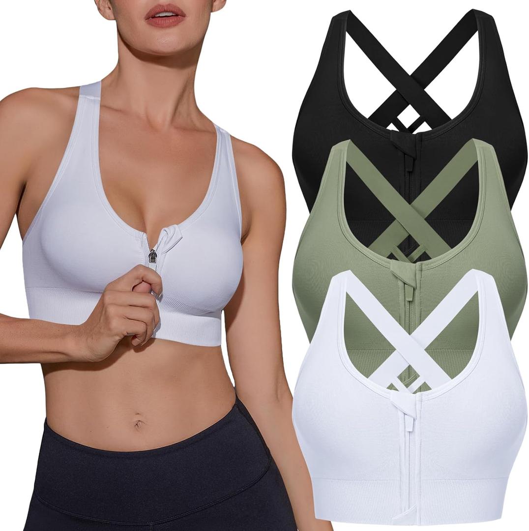 Sykooria Women Sports Bras High Impact Strappy Cross Back Padded Workout Bras for Running Yoga Gym (Small, Zipper-black+white+green)