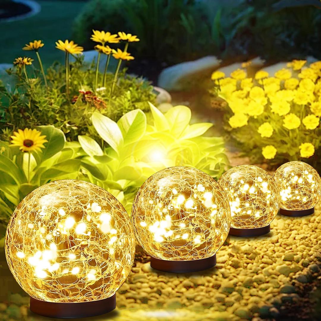 Solar Lights Outdoor Waterproof 30LEDS, 4 Pack Cracked Glass Solar Globe Lights Outdoor with Auto On/Off, Outside Decorations for Yard,Garden,Patio, Pathway,Landscape - Warm White