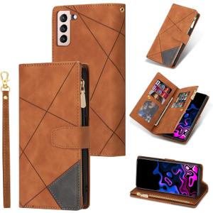 UEEBAI Wallet Case for Samsung Galaxy S21 5G, Vintage Premium PU Leather Cover Flip Case with Card Slots Magnetic Closure Zipper Pocket Kickstand Handbag with Hand Strap - Brown