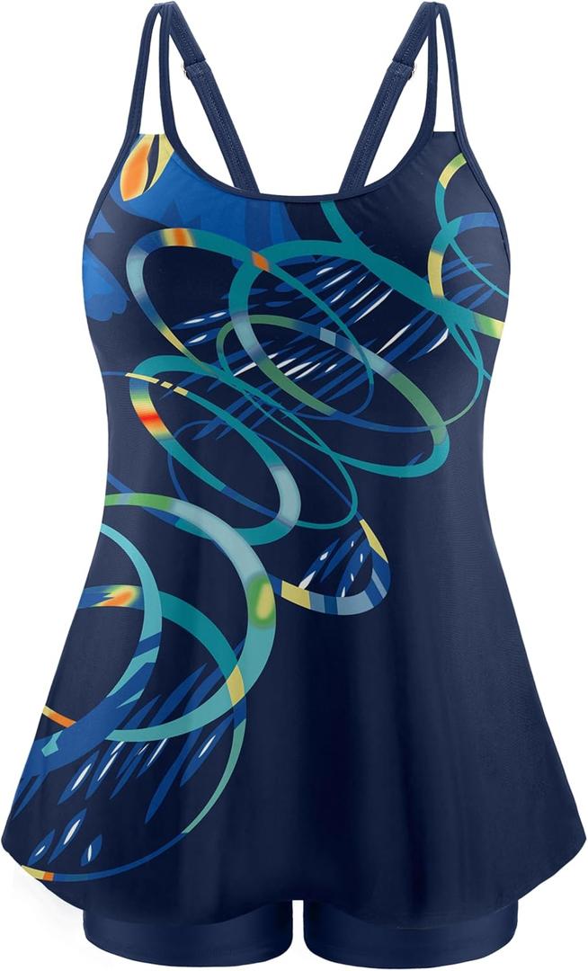 NIeyook Womens Tankini Swimsuit Plus Size Two Piece Bathing Suit Flowy Swim Tops with Boy Shorts 2025 Modest Swimwear (Blue Circle)
