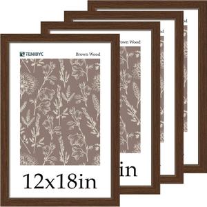 12x18 Frame Set of 4 - Brown Grain, Natural Wood & HD Tempered Glass, 12x18 Poster Frame, Vertical & Horizontal Wall Hanging
