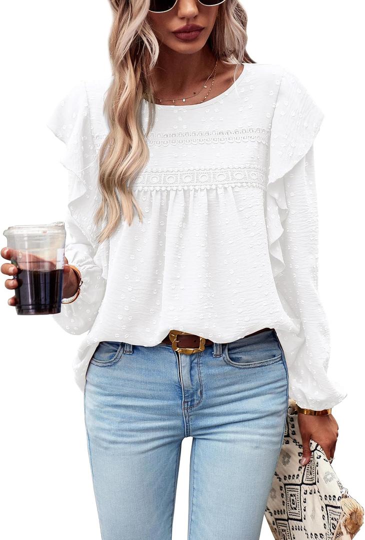 PRETTYGARDEN Women's Long Sleeve Shirts Ruffle Swiss Dot Crochet Loose Fit Tunic Dressy Casual Tops Blouses Spring Fashion (White, XS)