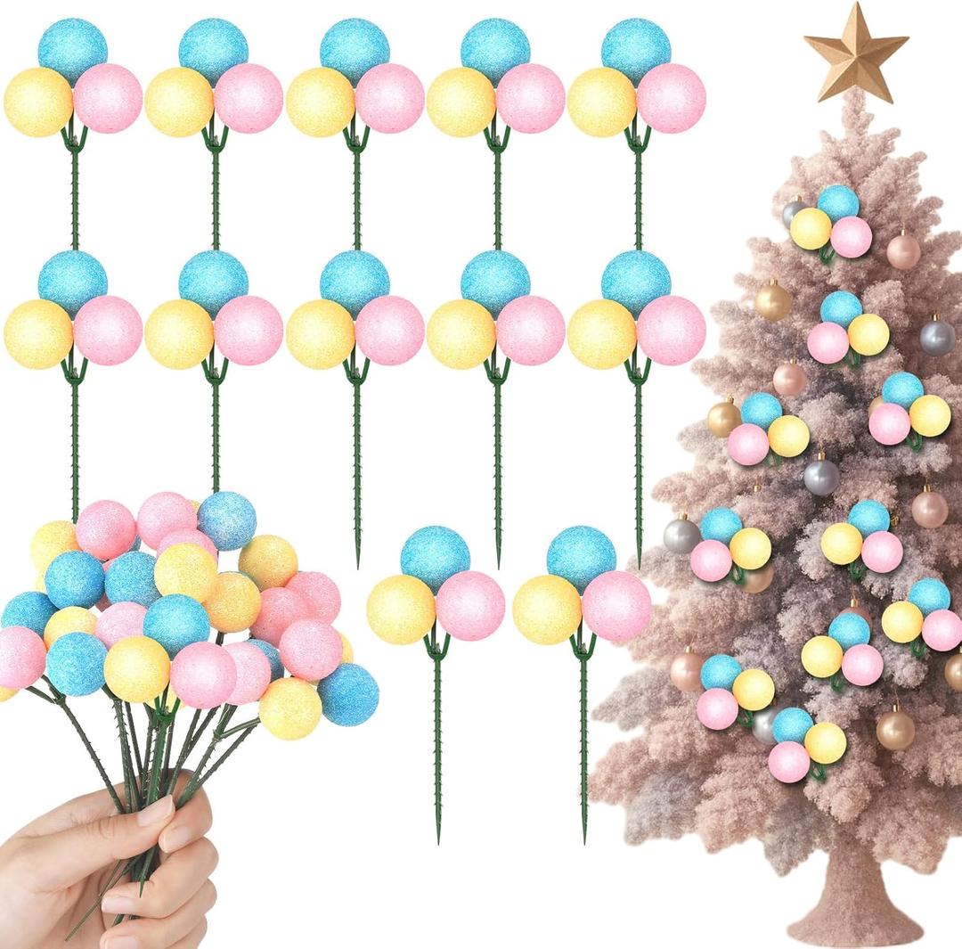 Syhood 12 Set 7.9 Inch Christmas Ball Ornaments on Wired Picks Shatterproof Xmas Pastel Ball Picks for Christmas Tree Vase Wreath Stairs Garland Decoration Supplies