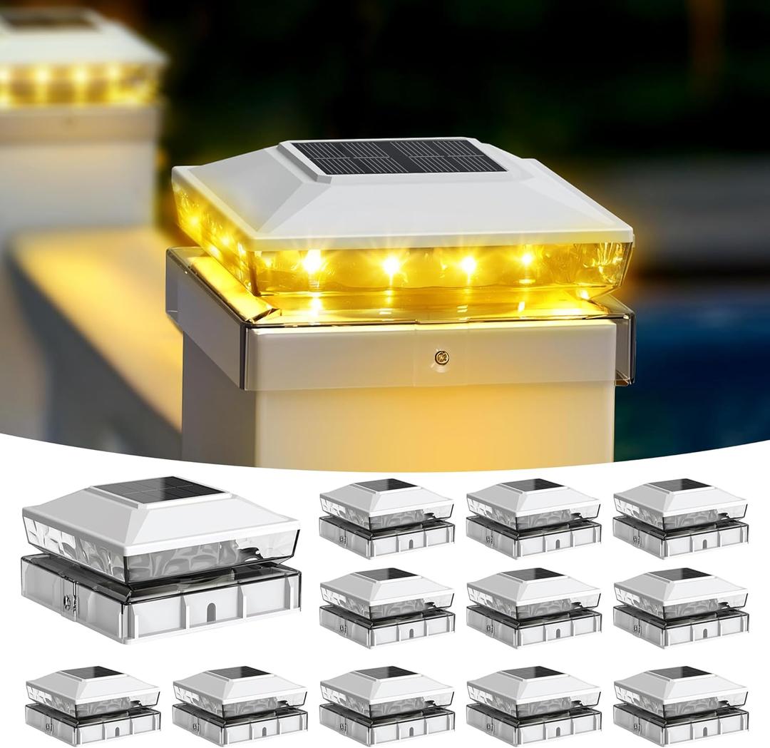 Solar Post Cap Lights, 12-Pack Upgraded Outdoor Deck Fence Post Solar Lights for 4x4 5x5 Wood/Vinyl Posts, IP65 Waterproof, 10-12 Hours Warm White Glow for Garden/Patio/Porch - White