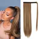 BARSDAR Brown Highlight Straight Ponytail Extension - 26 Inch Long Straight Wrap Around Ponytail for Women Clip in Ponytail Hair Extensions Synthetic Hair Pony Tails Hairpieces Daily