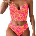 Floerns Women's Floral Print Halter Neck Tankini Top Two Piece Bathing Swimsuit (X-Large, Pink)