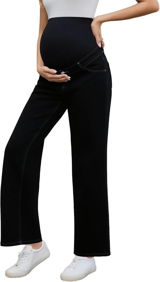 Ecavus Women's Maternity Jeans Over Belly Wide Leg Comfy Stretch Denim Pants with Pockets, XS-XXL (Large, Black)