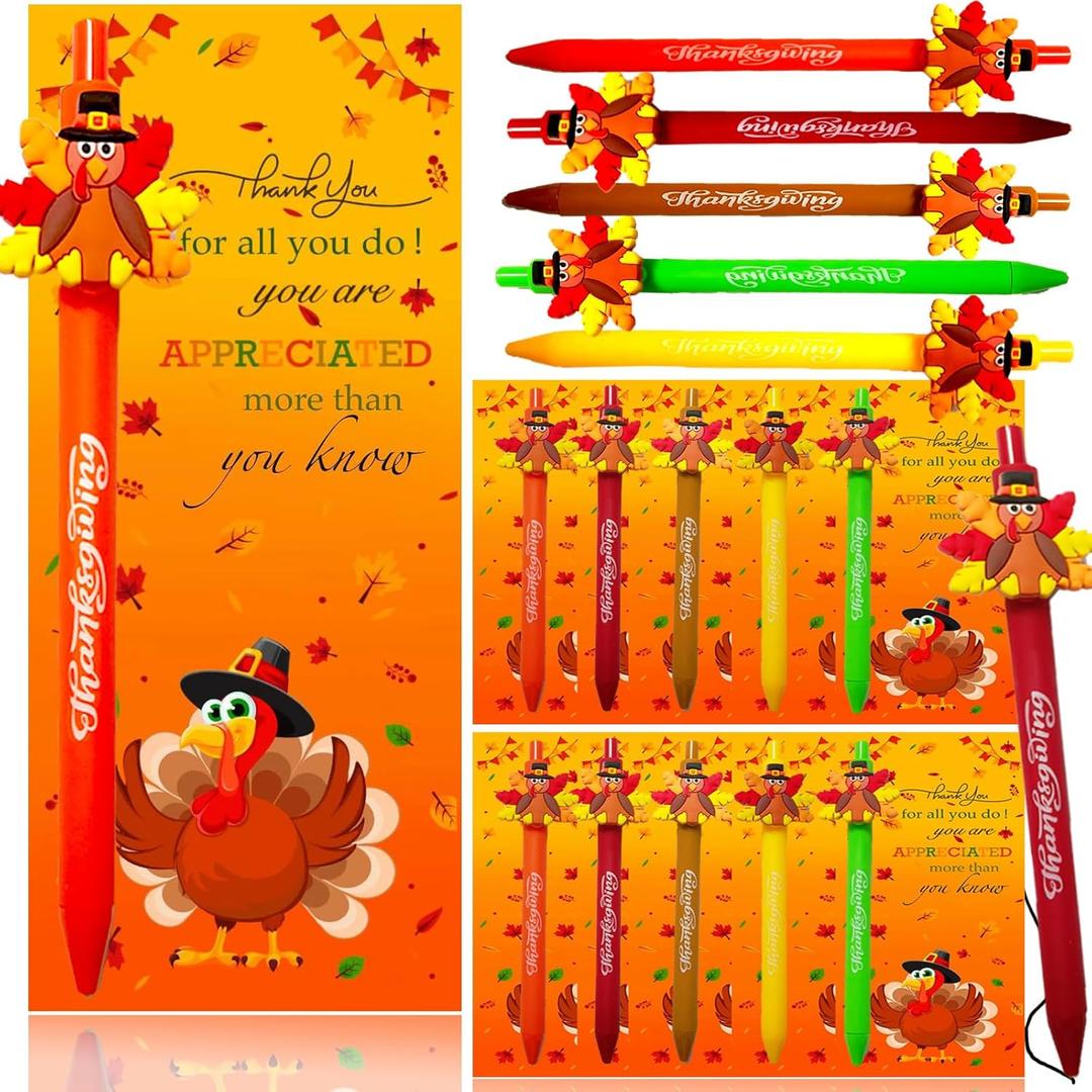 30 Sets Thanksgiving Gifts Bulk Fall Ballpoint Pen Bulk Thanksgiving Greeting Cards Turkey Shape Ballpoint Pen Autumn Themed for School Office Party Favors