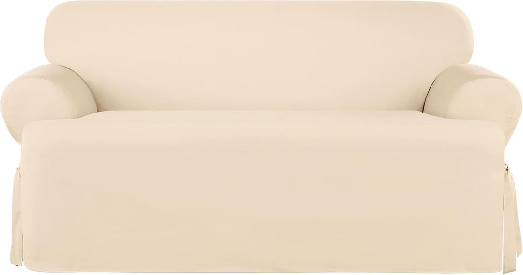 SureFit Heavyweight Cotton Duck T-Cushion Loveseat Slipcovers, Heavyweight Cotton Loveseat Cover, One Piece Design, Loveseat Cover with Seat Elastic and Adjustable Corner Ties, Natural, 38"D x 73"W x 36"H